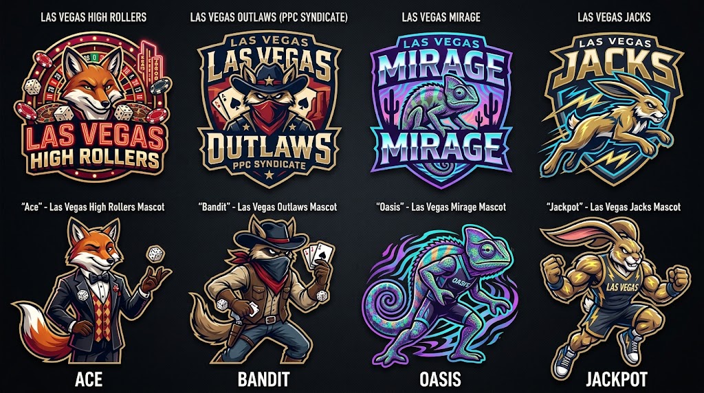 Las Vegas four candidate logos and mascots, left to right: High Rollers, mascot Ace; Outlaws (PPC Syndicate), mascot Bandit; Mirage, mascot Oasis; Jacks, mascot Jackpot