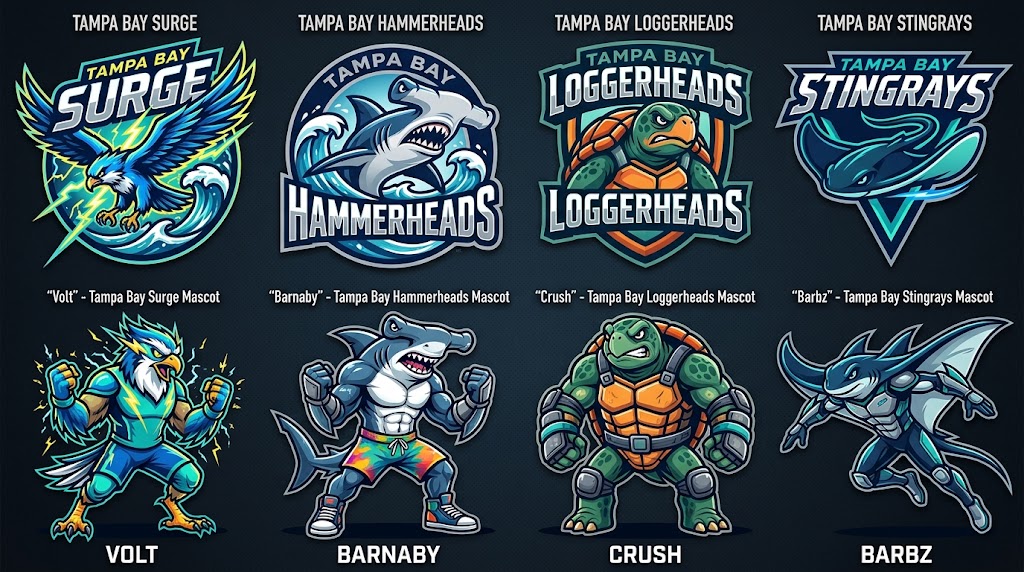 Tampa Bay four candidate logos and mascots, left to right: Surge, mascot Volt; Hammerheads, mascot Barnaby; Loggerheads, mascot Crush; Stingrays, mascot Barbz