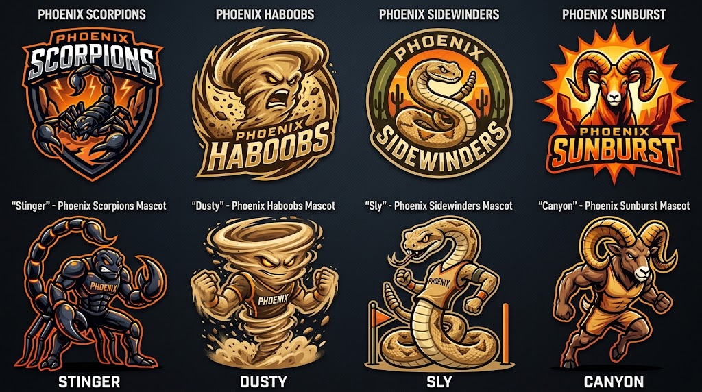 Phoenix four candidate logos and mascots, left to right: Scorpions, mascot Stinger; Haboobs, mascot Dusty; Sidewinders, mascot Sly; Sunburst, mascot Canyon
