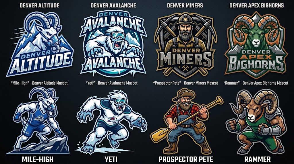 Denver four candidate logos and mascots, left to right: Altitude, mascot Mile-High; Avalanche, mascot Yeti; Miners, mascot Prospector Pete; Apex Bighorns, mascot Rammer