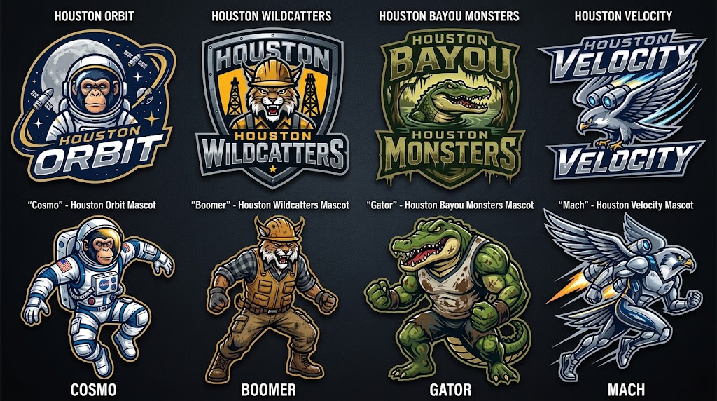 Houston four candidate logos and mascots, left to right: Orbit, mascot Cosmo; Wildcatters, mascot Boomer; Bayou Monsters, mascot Gator; Velocity, mascot Mach