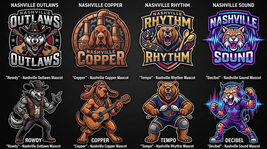 Nashville four candidate logos and mascots, left to right: Outlaws, mascot Rowdy; Copper, mascot Copper; Rhythm, mascot Tempo; Sound, mascot Decibel